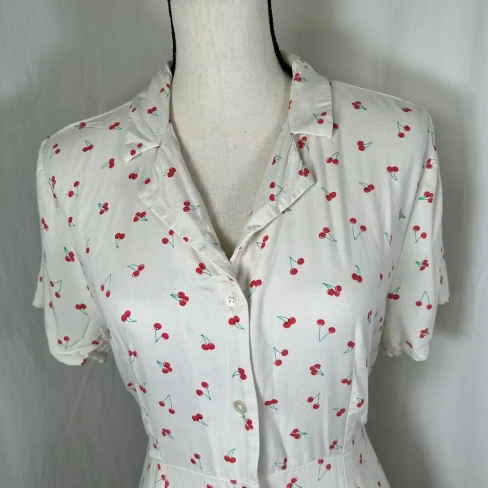 Cherry Print Retro Rockabilly Mini Dress Button Down Tie Back SO Size Large